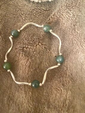 Handmade Silver Wave Bracelet with Green Beads